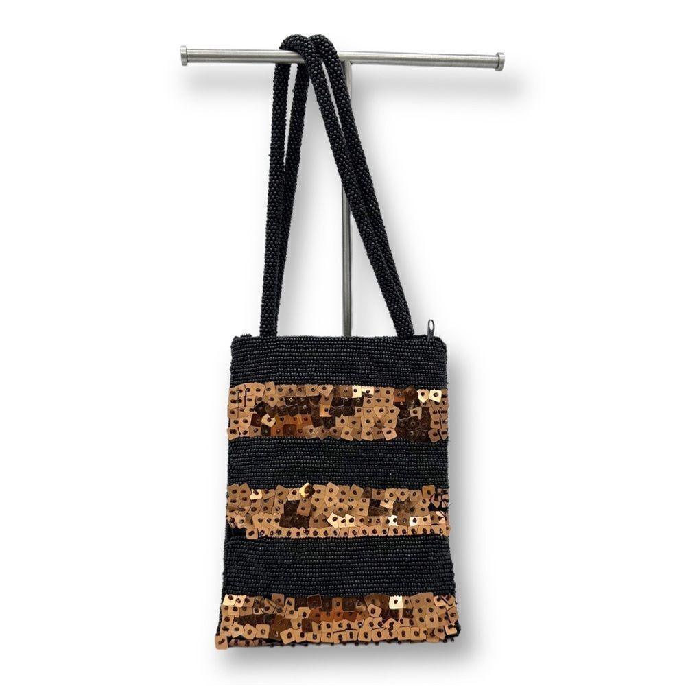 Black and Copper Beaded, Sequined Small Fancy Mini Bag Handbag